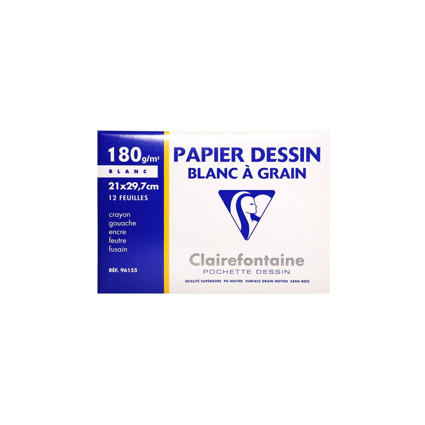 Papier dessin Clairefontaine- 21x29,7cm- 180 gr- Pochette de 12 feuilles