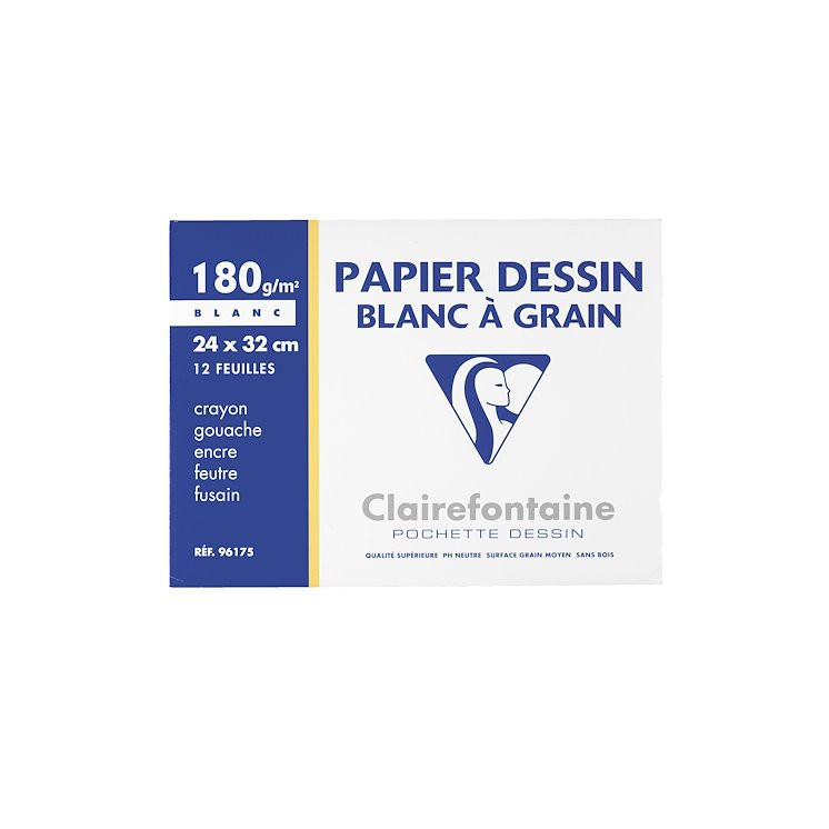 Papier dessin Clairefontaine- 24x32cm- 180 gr- Pochette de 12 feuilles