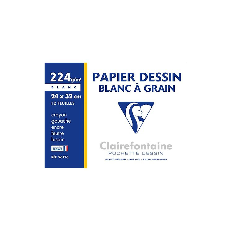 Papier dessin Clairefontaine- 21x29,7cm- 224 gr- Pochette de 12 feuilles