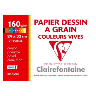 Papier dessin couleurs vives Clairefontaine- 24x32cm- 160gr- Pochette de 12 feuilles