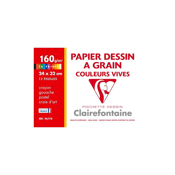 Papier dessin couleurs vives Clairefontaine- 24x32cm- 160gr- Pochette de 12 feuilles