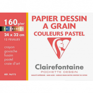 Papier dessin couleurs pastels Clairefontaine- 24x32cm- 160gr- Pochette de 12 feuilles