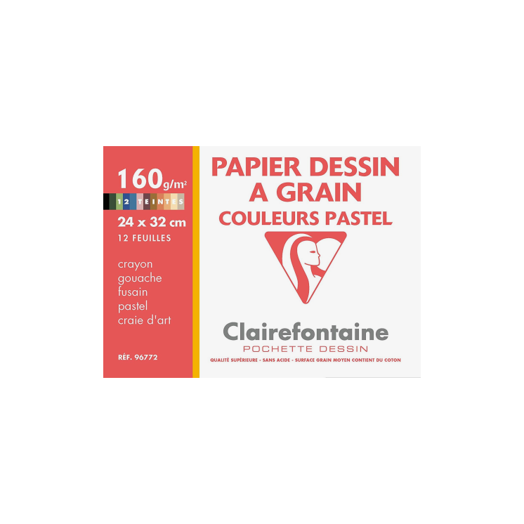 Papier dessin couleurs pastels Clairefontaine- 24x32cm- 160gr- Pochette de 12 feuilles